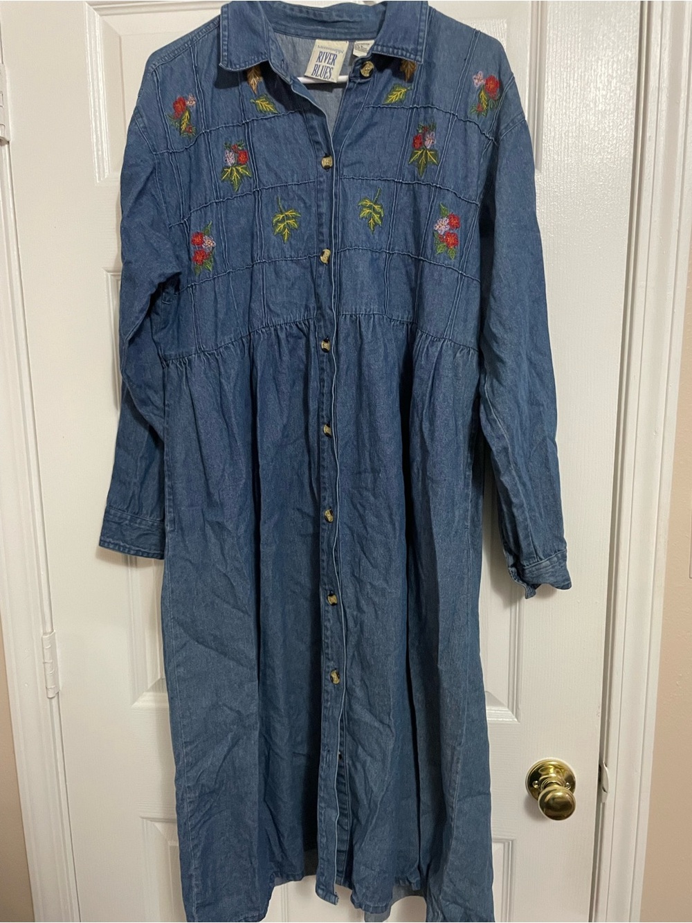Vintage 90s Mississippi River Blues Embroidered Denim Maxi Dress L
